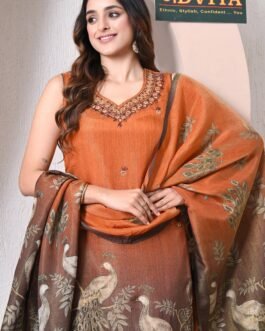 Advita Chinon Silk Party Wear 3-Piece Suit in Rust Orange