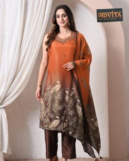 Advita Chinon Silk Party Wear 3-Piece Suit in Rust Orange