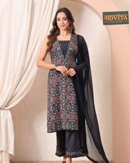 Advita Navy Blue Rayon Cotton Printed 3 Piece Suit