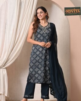 Advita Midnight Blue Gaji Silk 3 Piece Suit