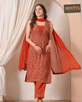 Advita Rust Orange Rayon Cotton 3 Piece Suit Set