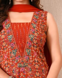 Advita Rust Orange Rayon Cotton 3 Piece Suit Set
