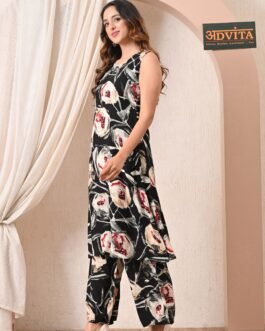 Advita Black Abstract Floral Print Rayon A-Line Kurta Set