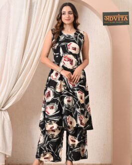 Advita Black Abstract Floral Print Rayon A-Line Kurta Set