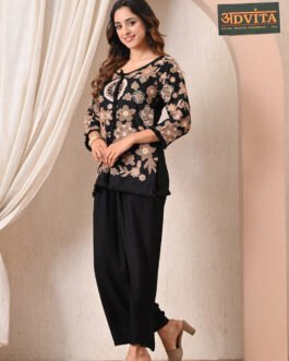 Advita Black Floral Embroidery Rayon Cotton Cord Set