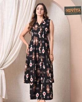 Advita Black Ikat Print A-Line Kurta Set with Palazzo Pants