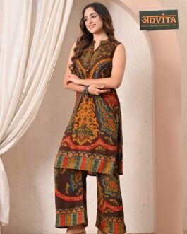 Advita Dark Brown Abstract Print Rayon Cotton Kurta Set