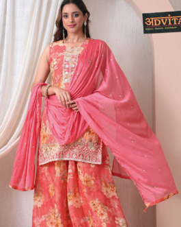 Advita Coral Pink Chinon Floral Printed Sharara Set
