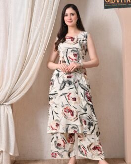 Advita Cream Abstract Rose Print Rayon Cotton A-Line Kurta Set