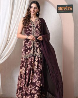 Advita Maroon Chinon Floral Print Kurti Skirt Set with Dupatta
