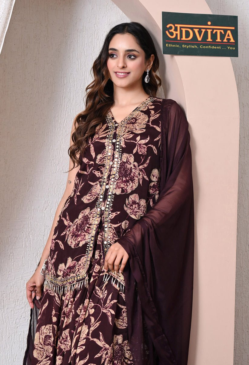 Advita Maroon Chinon Floral Print Kurti Skirt Set with Dupatta - Image 4