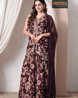 Advita Maroon Chinon Floral Print Kurti Skirt Set with Dupatta