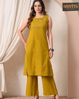 Advita Mustard Mirror Work Pure Cotton A-Line Kurta