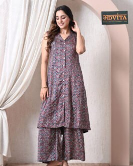 Advita Navy Blue Gaji Silk Geometric Print A-Line Kurta Set