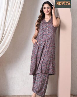 Advita Navy Blue Gaji Silk Geometric Print A-Line Kurta Set