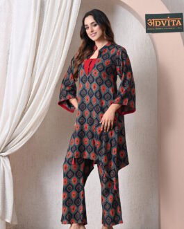 Advita Navy Blue Geometric Print Rayon Cotton Sea Cut Coord Set