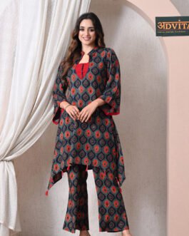 Advita Navy Blue Geometric Print Rayon Cotton Sea Cut Coord Set