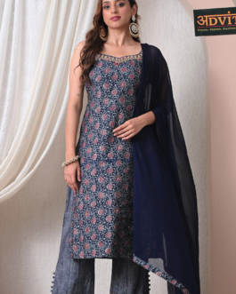 Advita Navy Blue Printed Rayon Cotton 3 Piece Suit Set