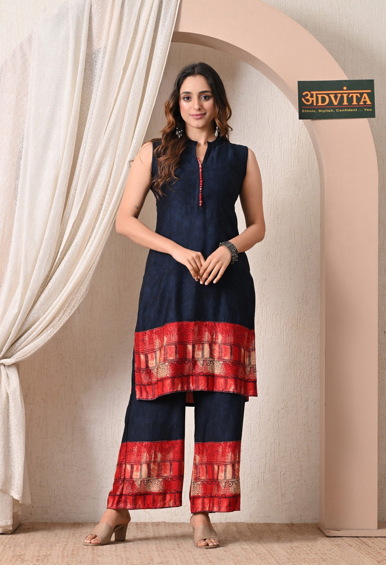 advita-navy-blue-red-border-rayon-cotton-kurta-set