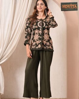Advita Olive Green Floral Embroidery Rayon Cotton Cord Set