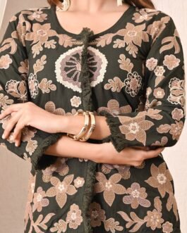 Advita Olive Green Floral Embroidery Rayon Cotton Cord Set