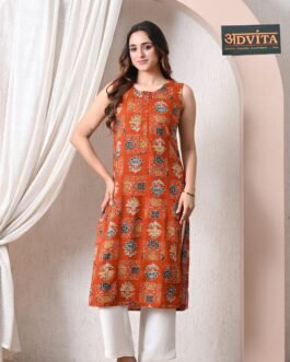 Advita Orange Ajrakh Block Print Straight Kurti