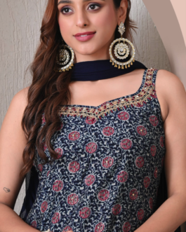 Advita Navy Blue Printed Rayon Cotton 3 Piece Suit Set