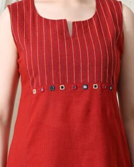 Advita Red Mirror Work Pure Cotton A-Line Kurta
