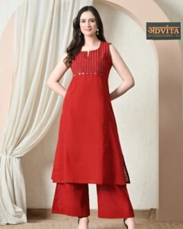 Advita Red Mirror Work Pure Cotton A-Line Kurta