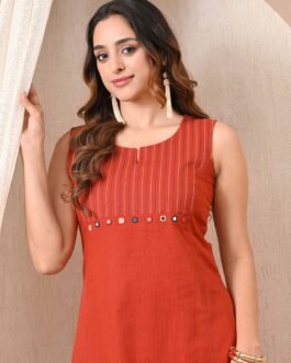 Advita Rust Mirror Work Pure Cotton A-Line Kurta Set