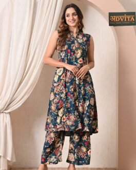 Advita Teal Floral Print Rayon A-Line Kurta Set with Palazzo