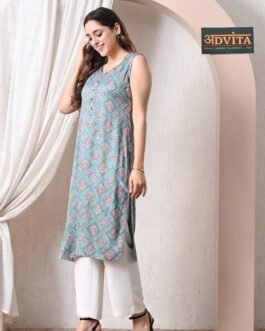 Advita Teal Floral Block Print Straight Kurti
