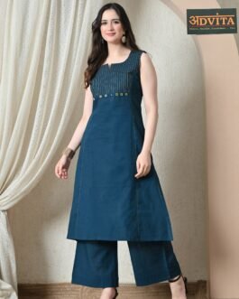 Advita Teal Mirror Work Pure Cotton A-Line Kurta Set