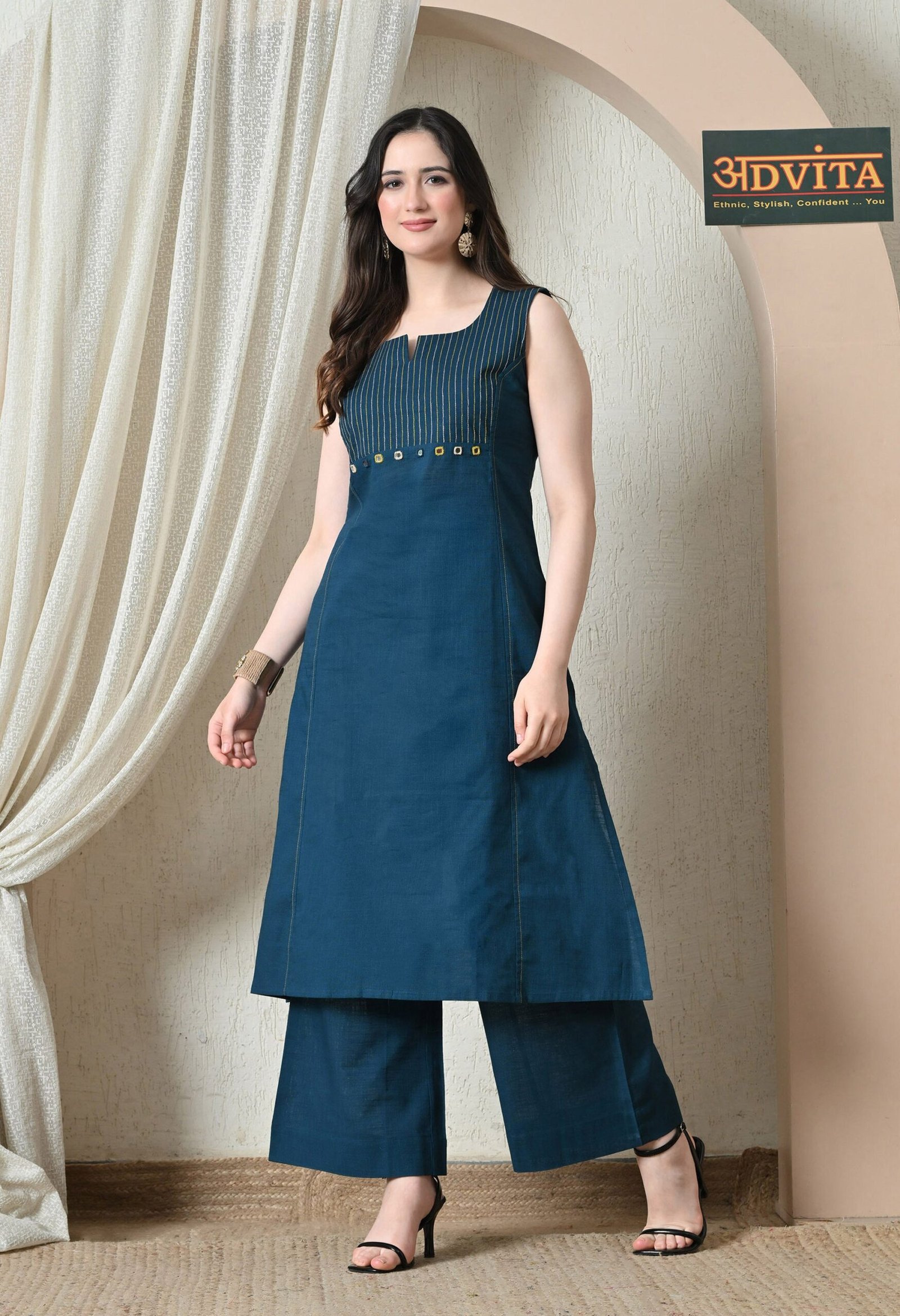 advita-teal-mirror-work-pure-cotton-kurta-set