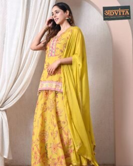 Advita Yellow Chinon Floral Print Kurti Skirt Set with Dupatta